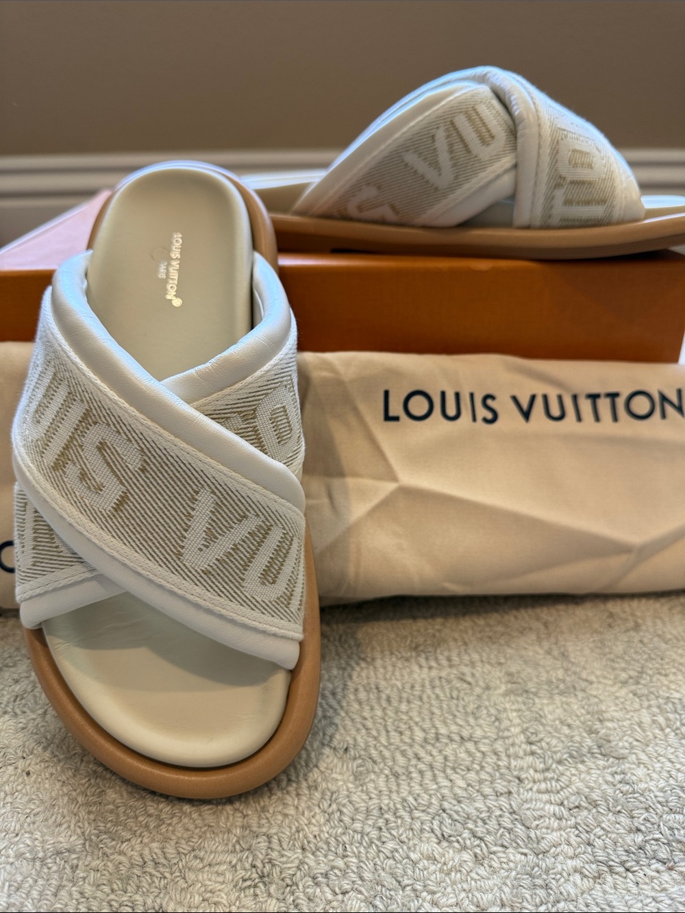 Louis Vuitton White and Tan Crisscross Logo Slide Sandals